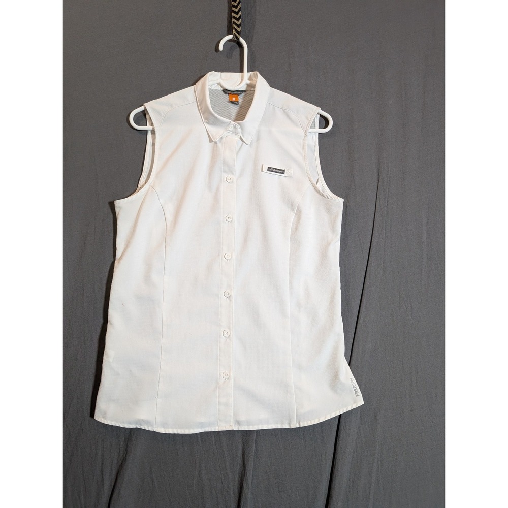 Eddie Bauer Women Collared Button up Sleeveless Shirt Medium Casual White